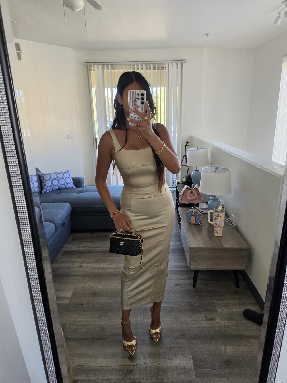 Zara Metallic Gold Midi Dress with Spaghetti Straps